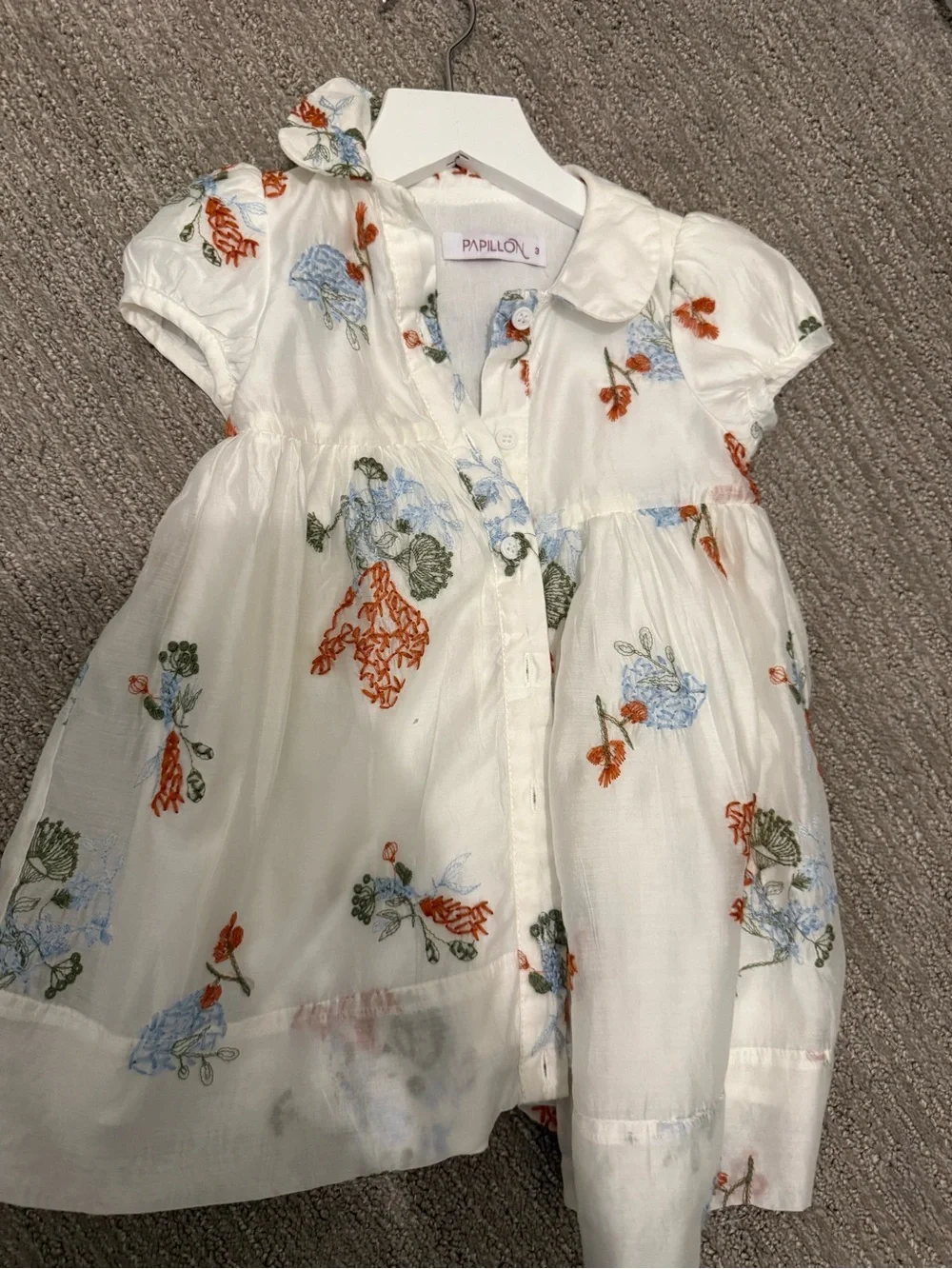 Papillon Blanc White Dress with Blue and Orange Floral Embroidery